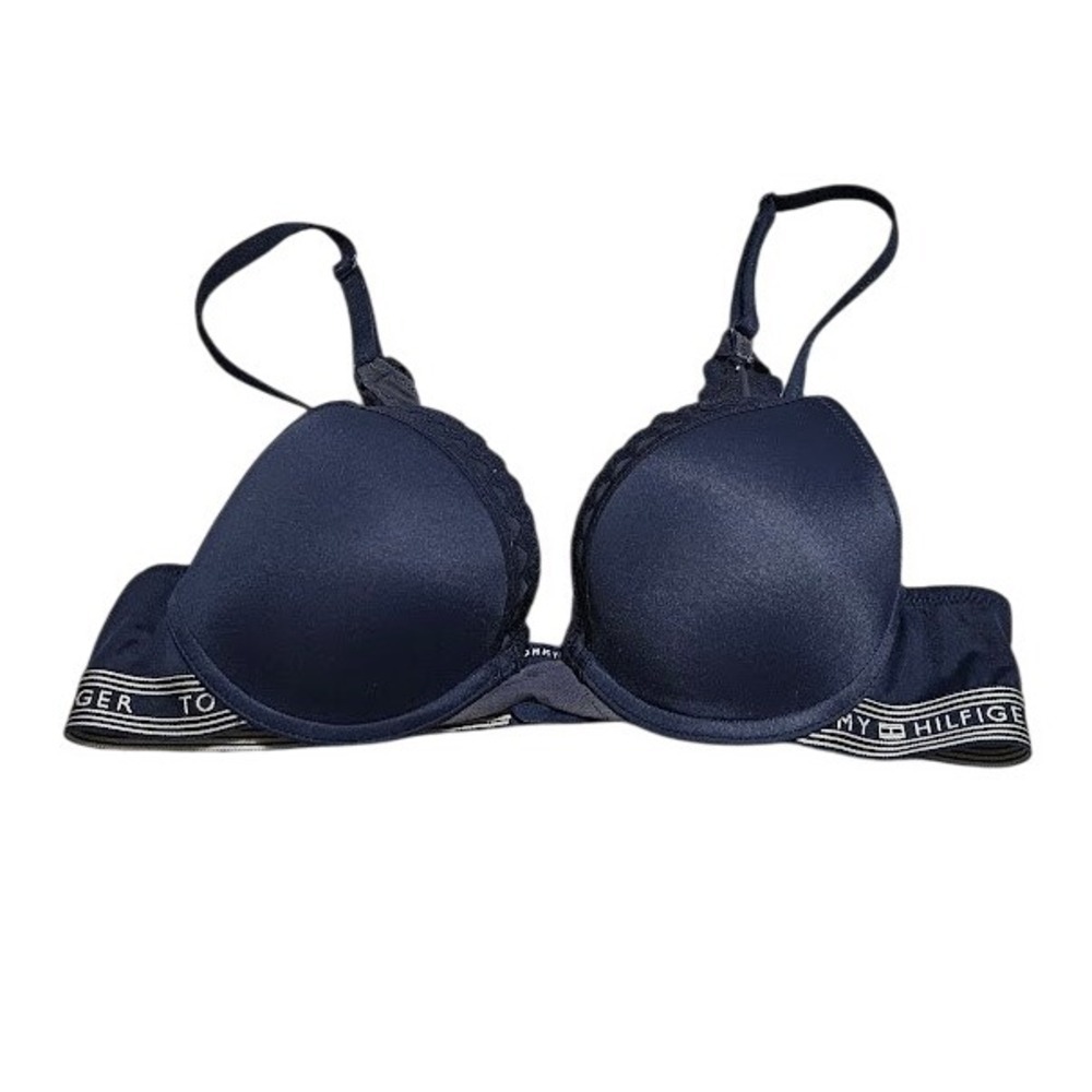 Tommy Hilfiger Plunge Bra Women 34B Navy Blue Lace Trim Adjustable Straps